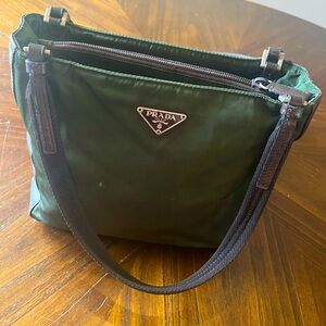 Authentic PRADA Green Tessuto Nylon & Leather Tote 2 Shoulder Handles Handbag